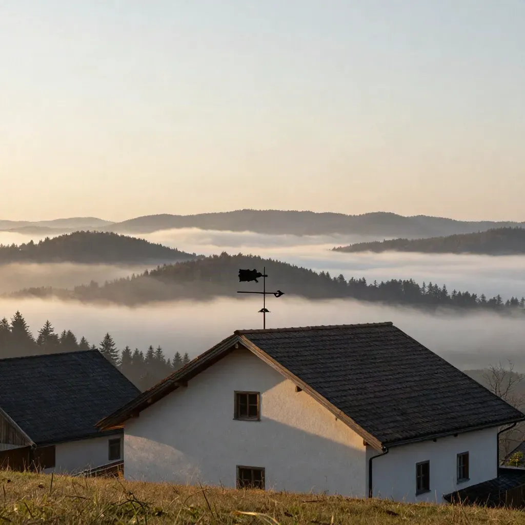 Wetterfahne auf einem Bergrücken, Wolkenbänder und ein helles Bauernhausdach im Morgenlicht.