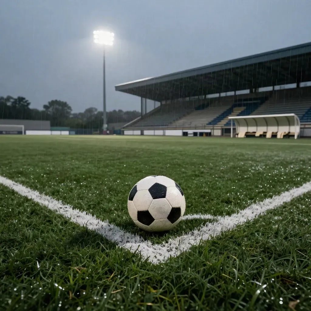 Regennasser Ball auf dem Mittelstrich eines leeren Fußballplatzes bei einsetzendem Flutlicht
