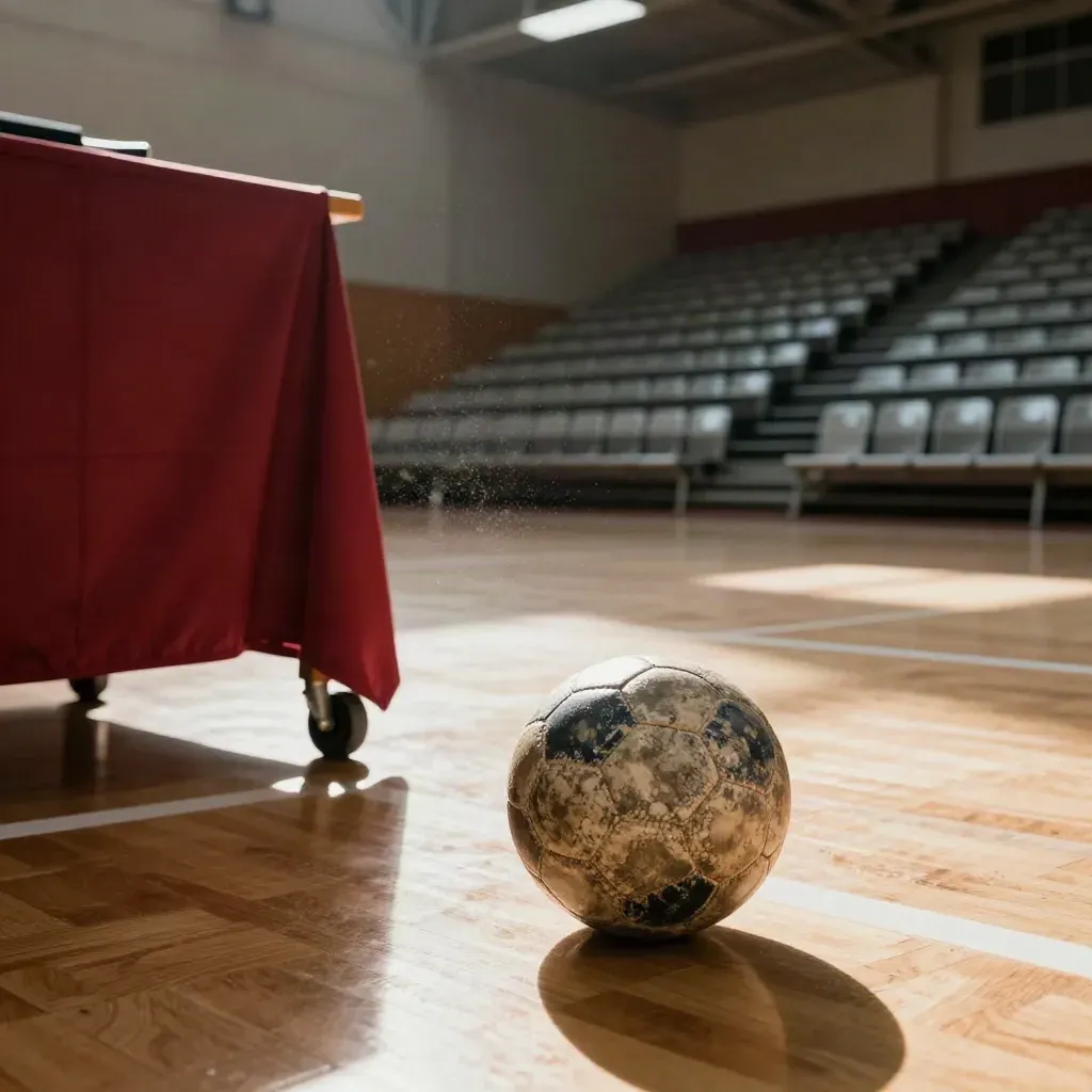 Leere Handballhalle nach dem Training, Ball, roter Spieltischbezug und leere Tribünen im warmen Licht.