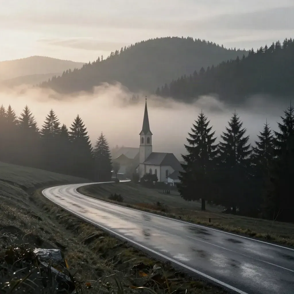 Nebliges Schwarzwaldtal mit Kirchturm, Fichtenhängen und leerer Straße bei Morgendämmerung