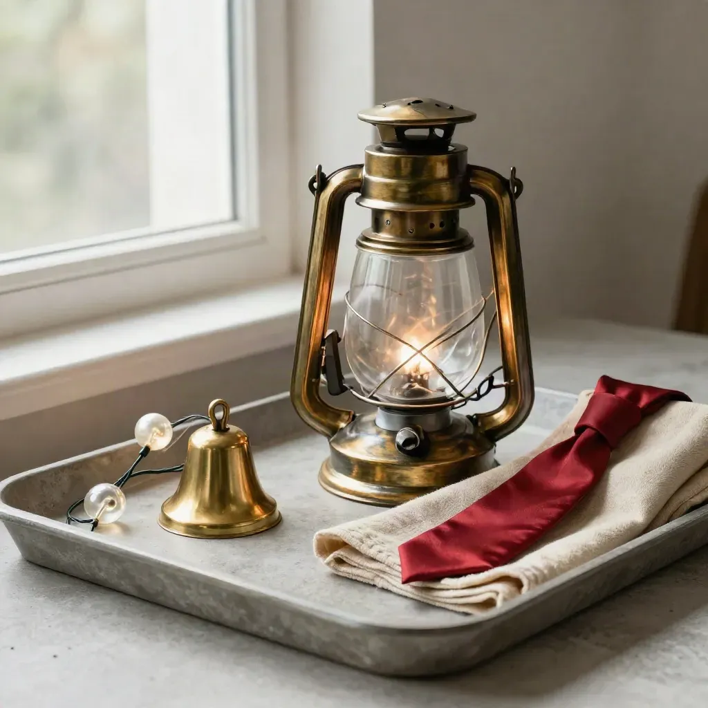 Festlanterne, Messingglocke, Lichterkette und Leinenserviette auf Betontray