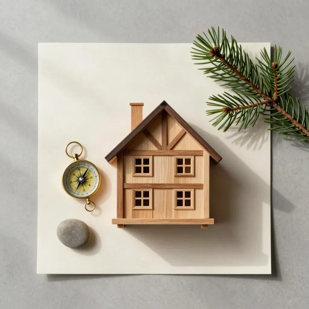 Flachlay mit Holzhaus-Modell, Kompass, Kiesel und Tannenzweig auf hellem Untergrund.