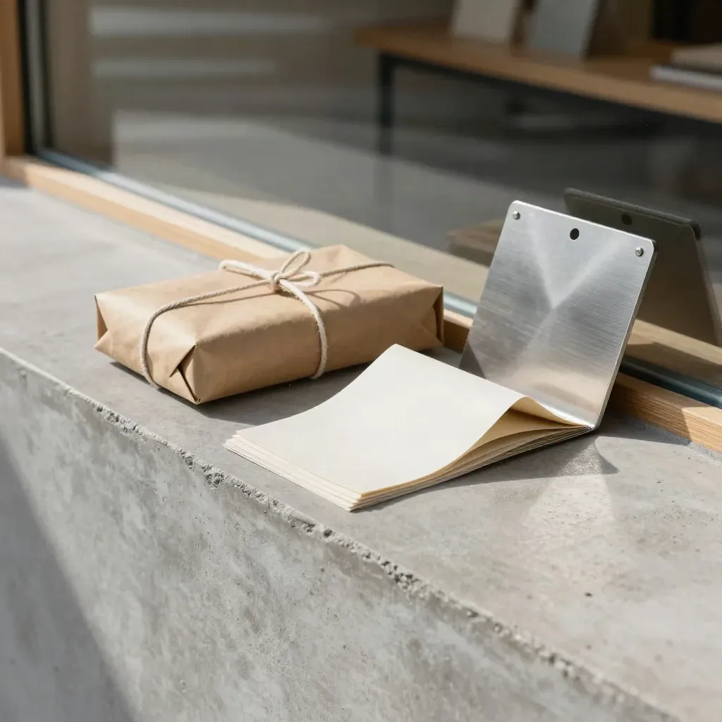 Werbematerialien mit Mustern und Paket auf einer hellen Ladentheke im Morgenlicht
